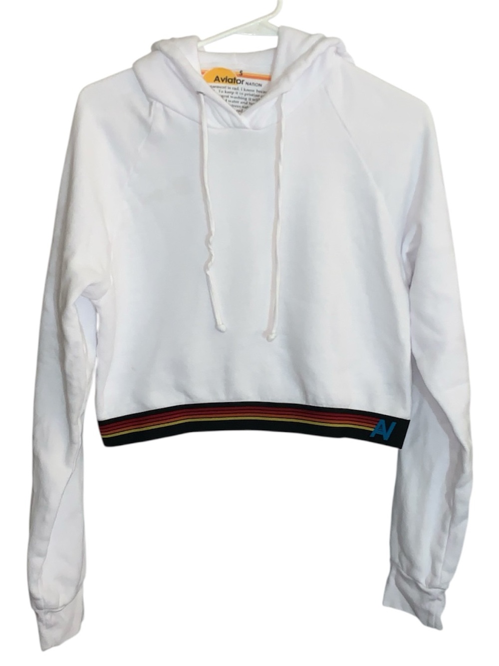 Aviator Nation White Cropped Hoodie with Multicolor Stripe Hem